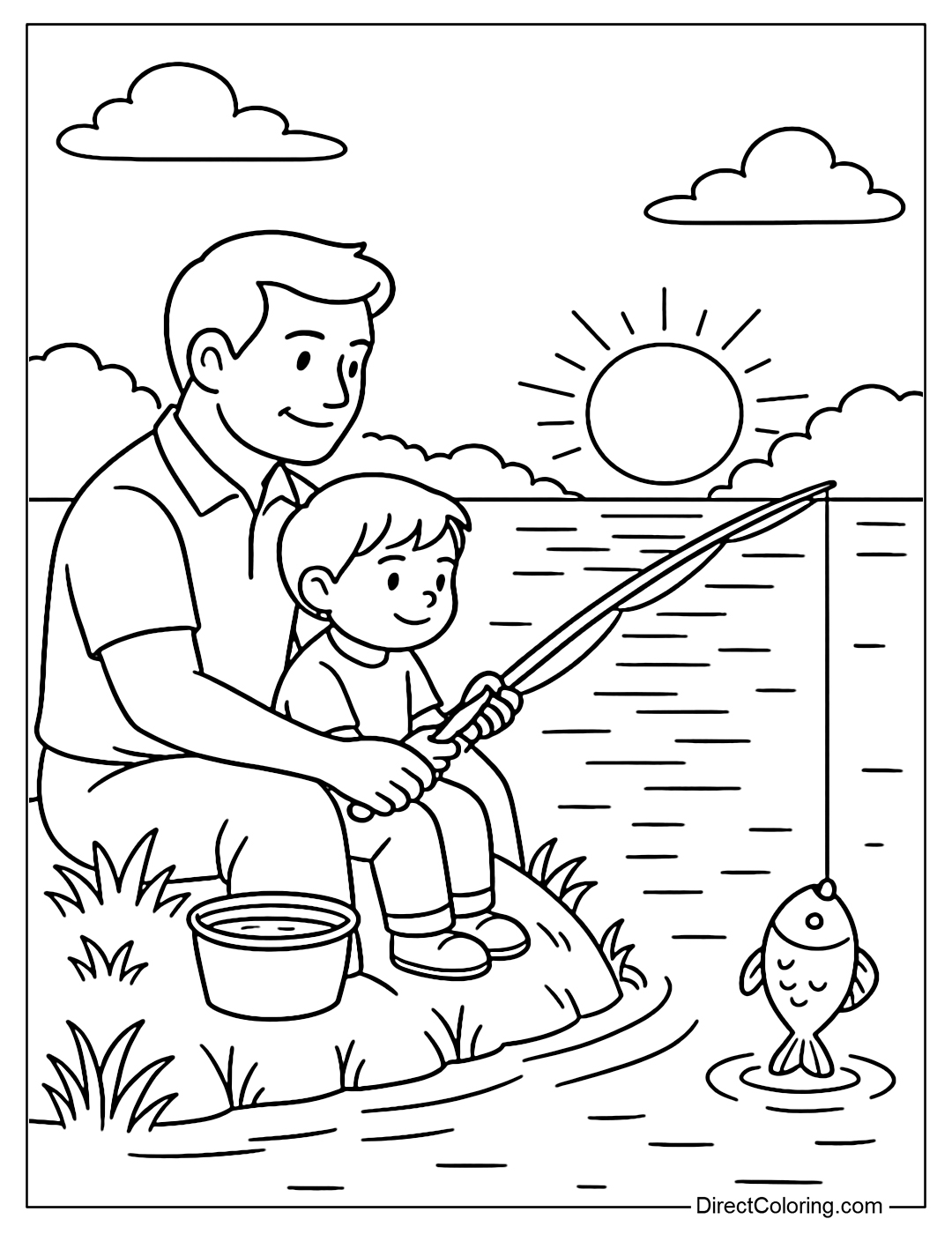 A coloring page of a father and son fishing at sunset, the sun reflecting on the water.